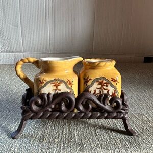 Vintage Ceramic Set with Iron Stand